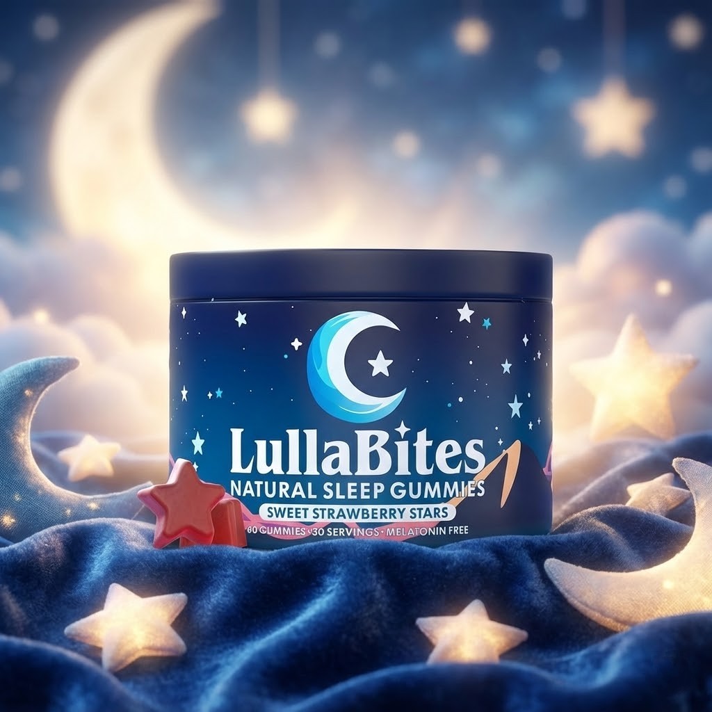 LullaBites natural sleep gummies bottle in strawberry flavor with moon and stars background, 100% melatonin free sleep aid.