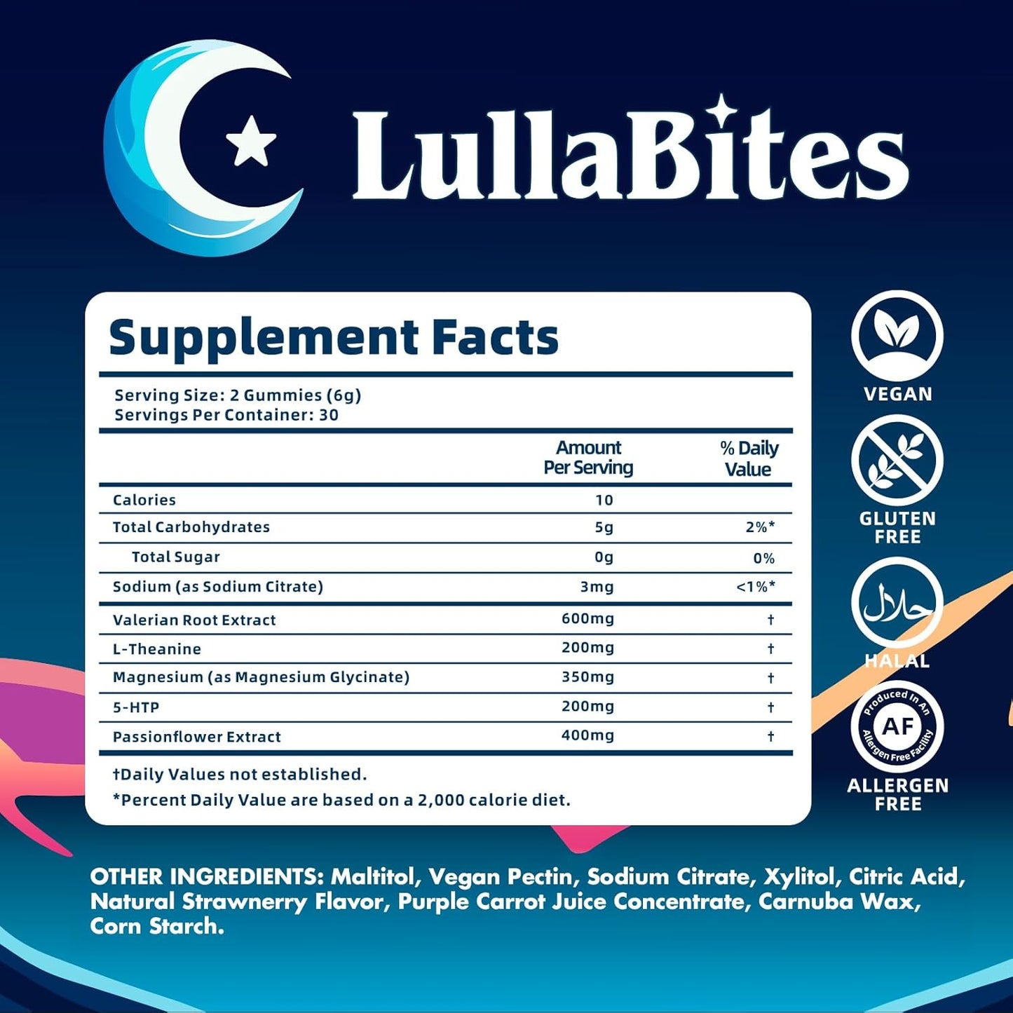 Official supplement facts label for LullaBites showing dosage and amounts for Magnesium, L-Theanine, and Passion Flower extract.