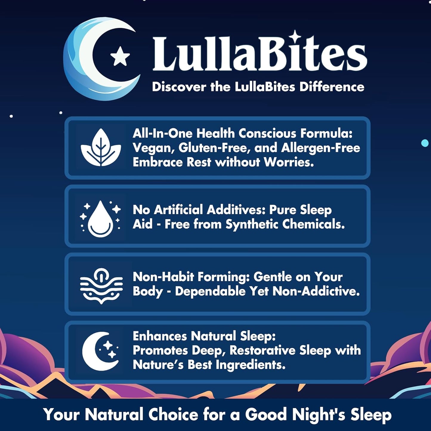LullaBites safety features listing non-habit forming, vegan, gluten-free, and allergen-free formula with no artificial additives.