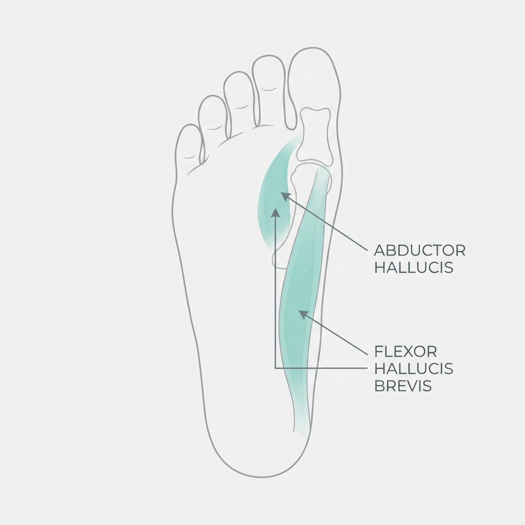 Diagram showing the abductor hallucis and flexor hallucis brevis muscles under the foot arch