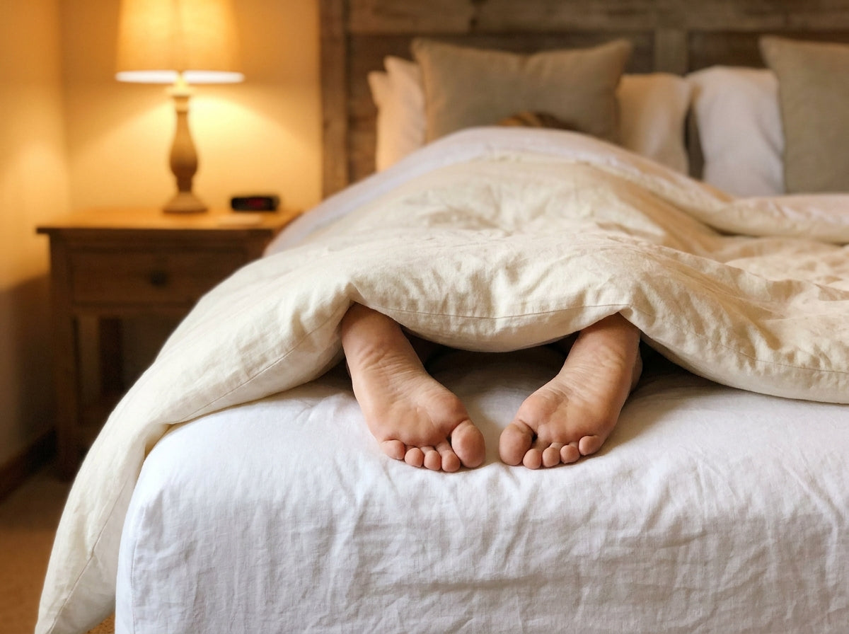 Bare feet under clean white sheets, relaxed and comfortable