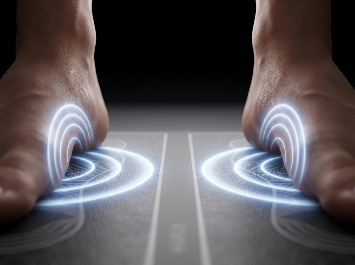 Close up of bare feet on the Vivah Mat with subtle EMS pulse rings visible around the arch area