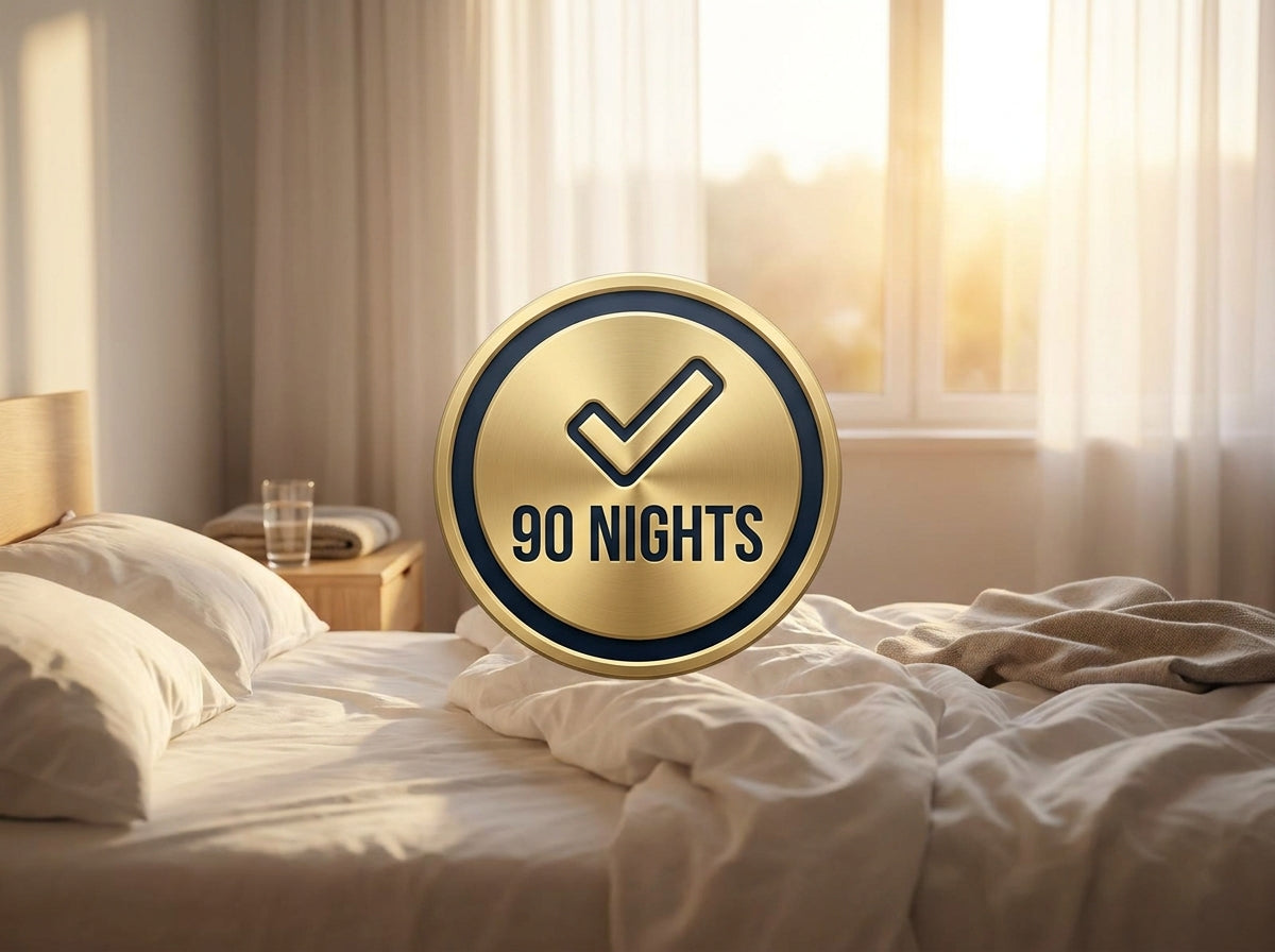 90 night money back guarantee badge with a confident older woman sleeping peacefully