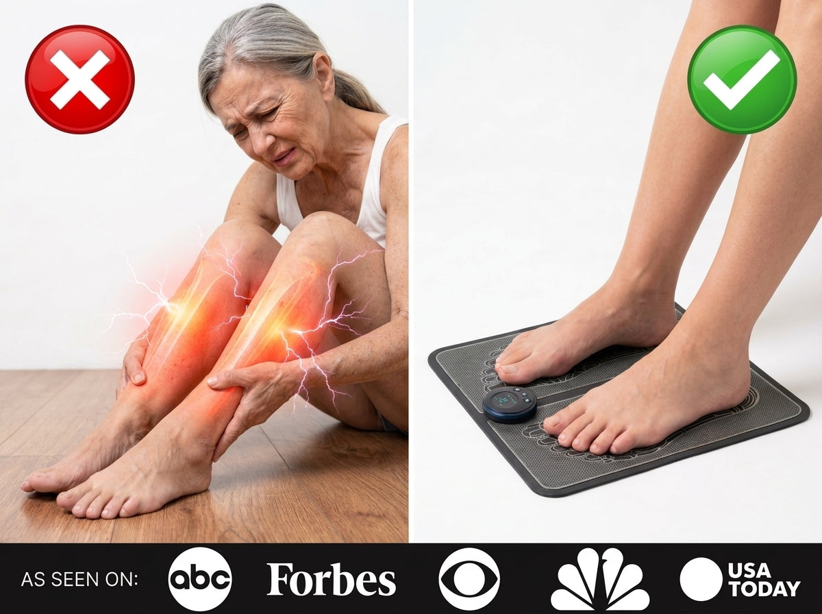 Split screen: woman gripping restless legs in pain versus bare feet on the Vivah Mat