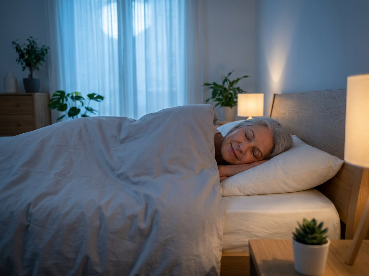 Older woman sleeping peacefully through the night with legs completely still under the covers