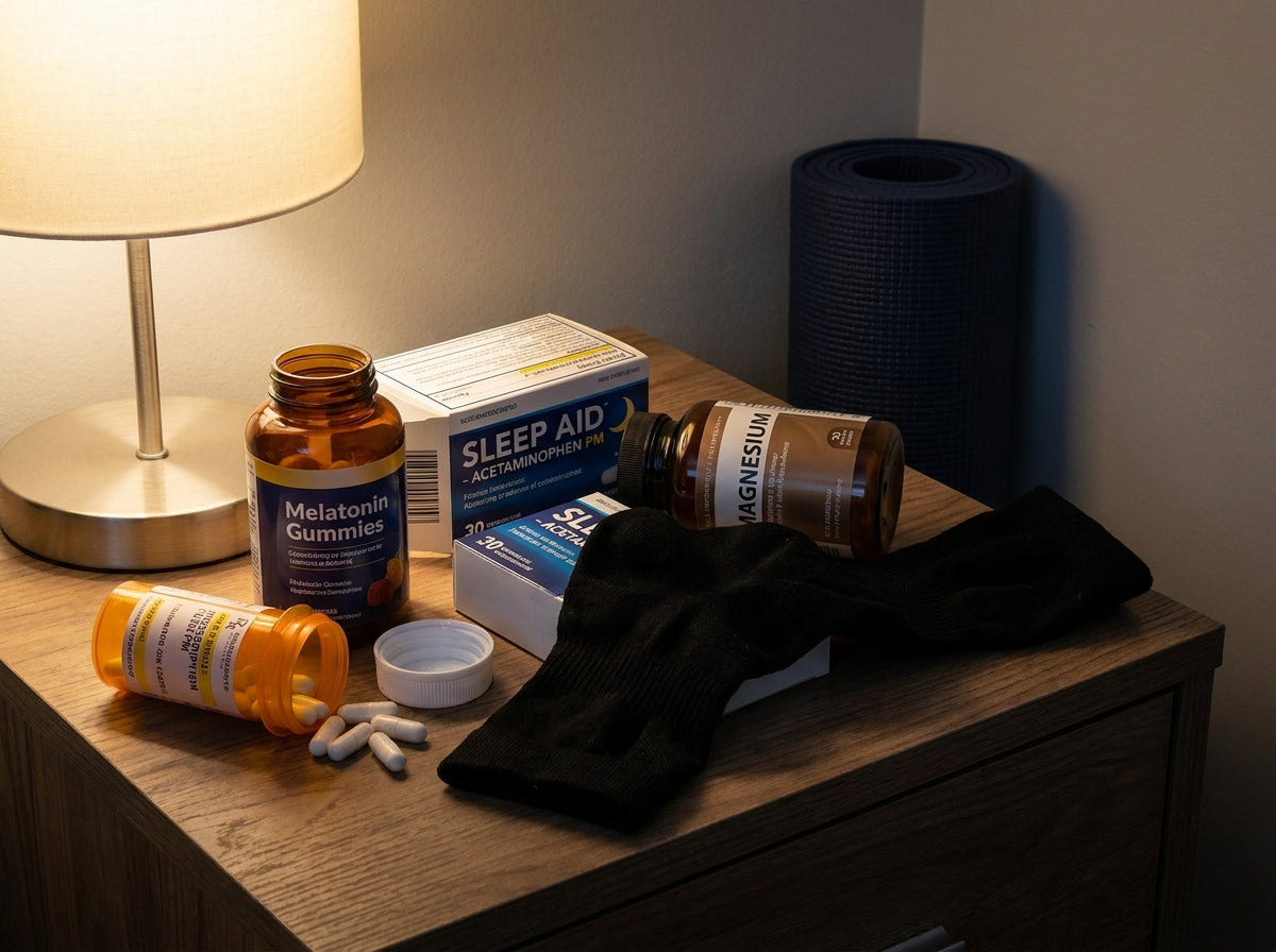 Pill bottles and supplement containers on a nightstand