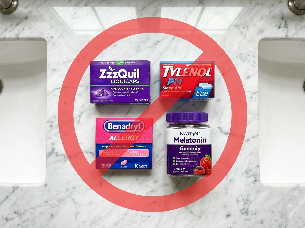 Melatonin bottle, ZzzQuil, and Tylenol PM on a nightstand with a red warning overlay