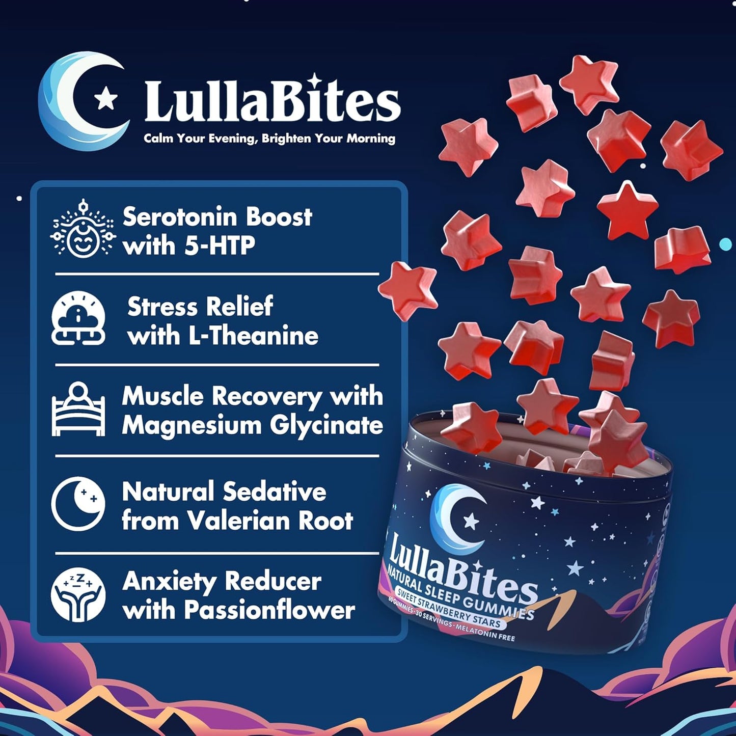 Key ingredients for LullaBites sleep gummies including Magnesium Glycinate for muscle recovery, L-Theanine for stress relief, and Valerian Root.