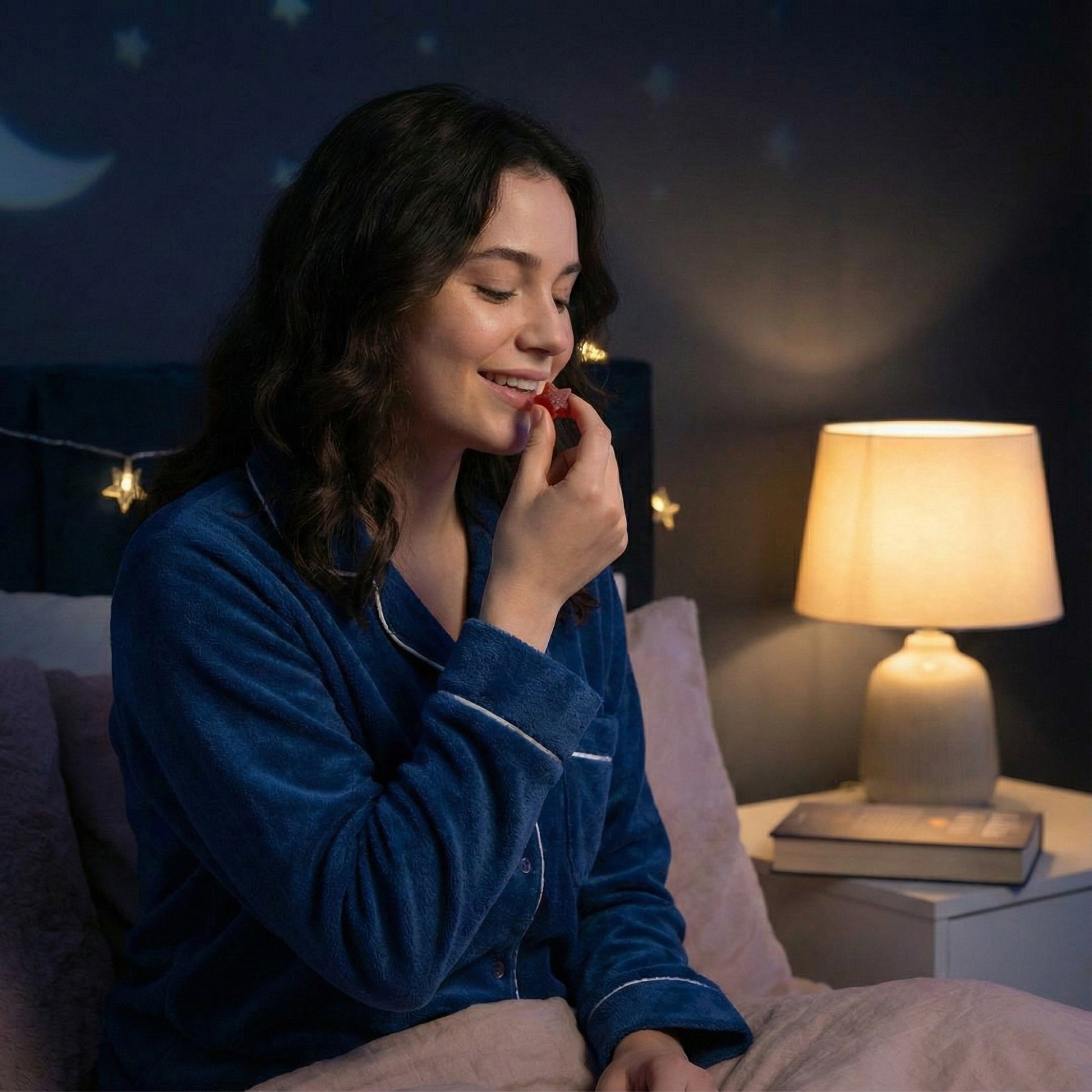 Young woman relaxing in bed taking a LullaBites strawberry sleep gummy to fall asleep naturally without melatonin.